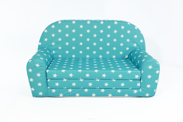 FORTISLINE Kindersofa Mini zum Aufklappen Viele Muster W386 (Türkis Sterne Weiss), Türkis Sterne Wei