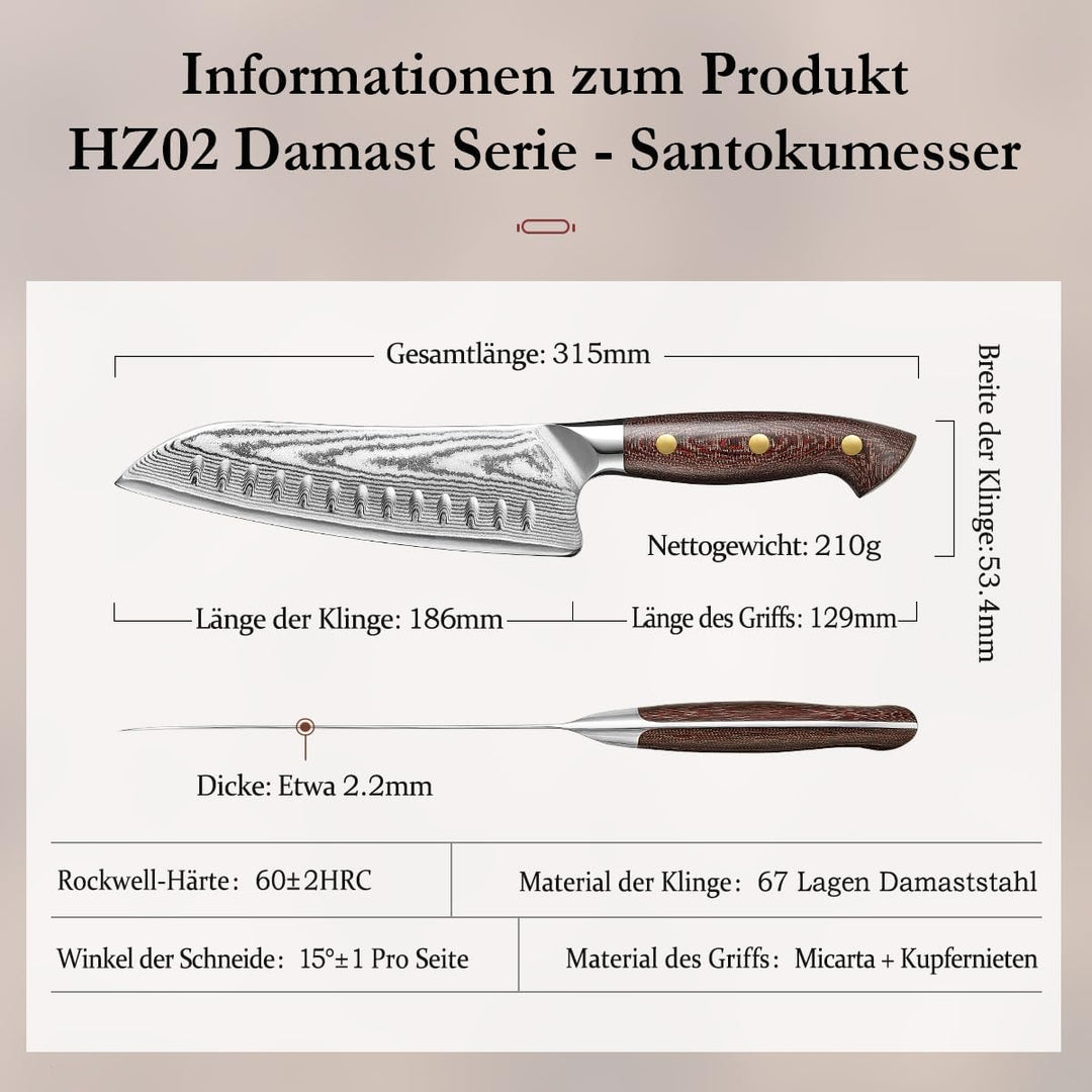 HEZHEN Santokumesser im Japanischen Stil，Echter Damaststahl Kochmesser mit Holzmesserscheide, Chines