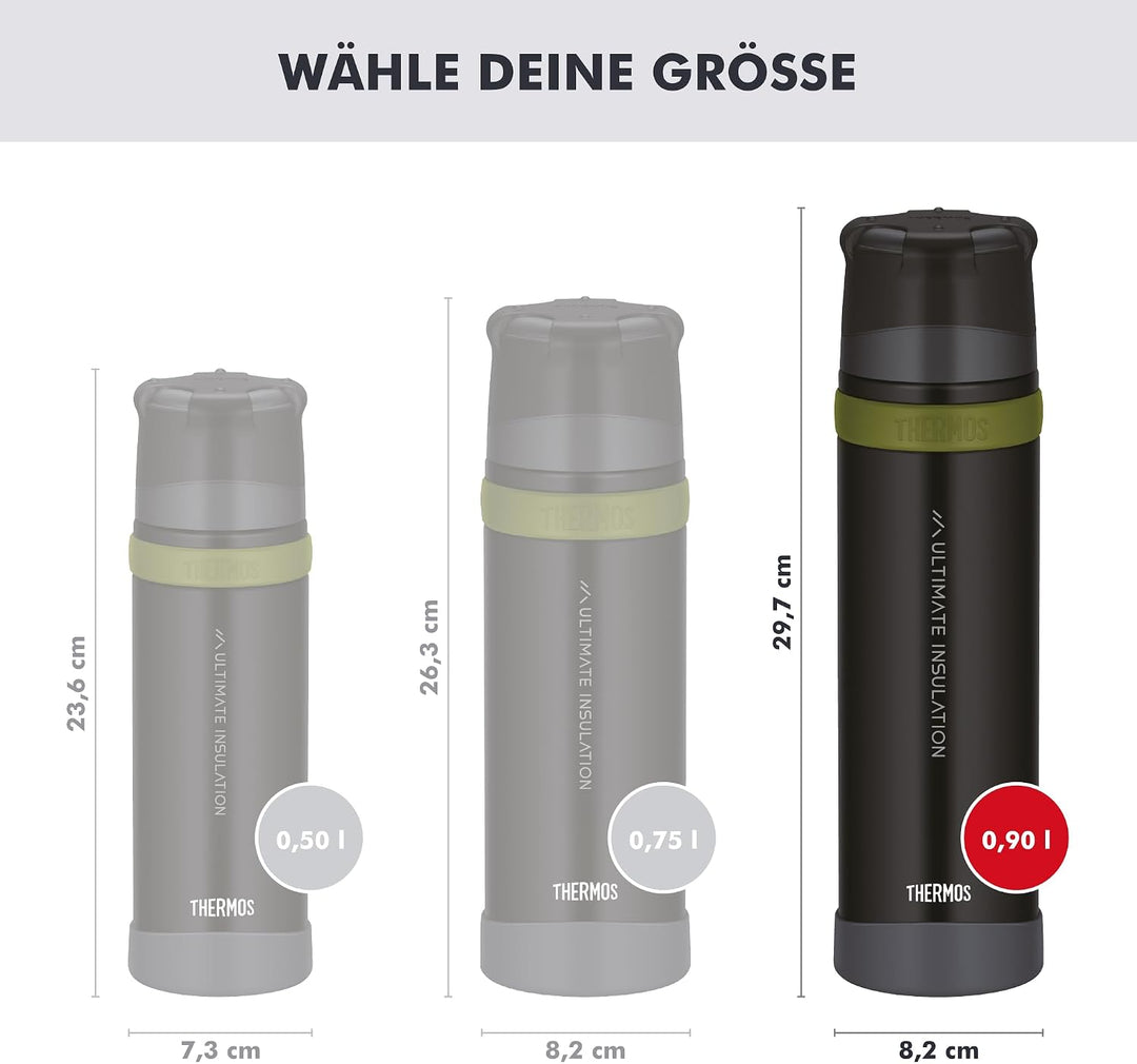 THERMOS MOUNTAIN BEVERAGE BOTTLE 0,9l, black, Thermosflasche Edelstahl mit Trinkbecher, 24 h heiss /