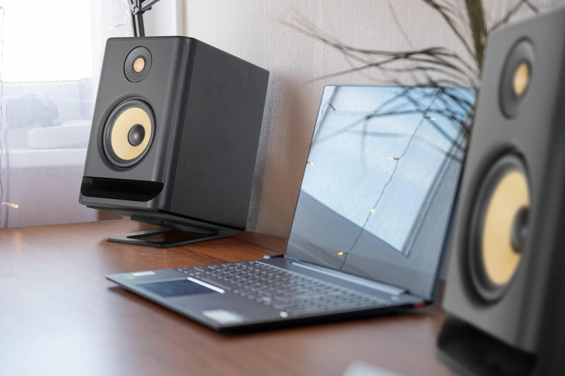 Pronomic MSS-2014 BK Winkelfuss-Lautsprecherstativ - Ideal für Schreibtisch, Homerecording und Wohnb