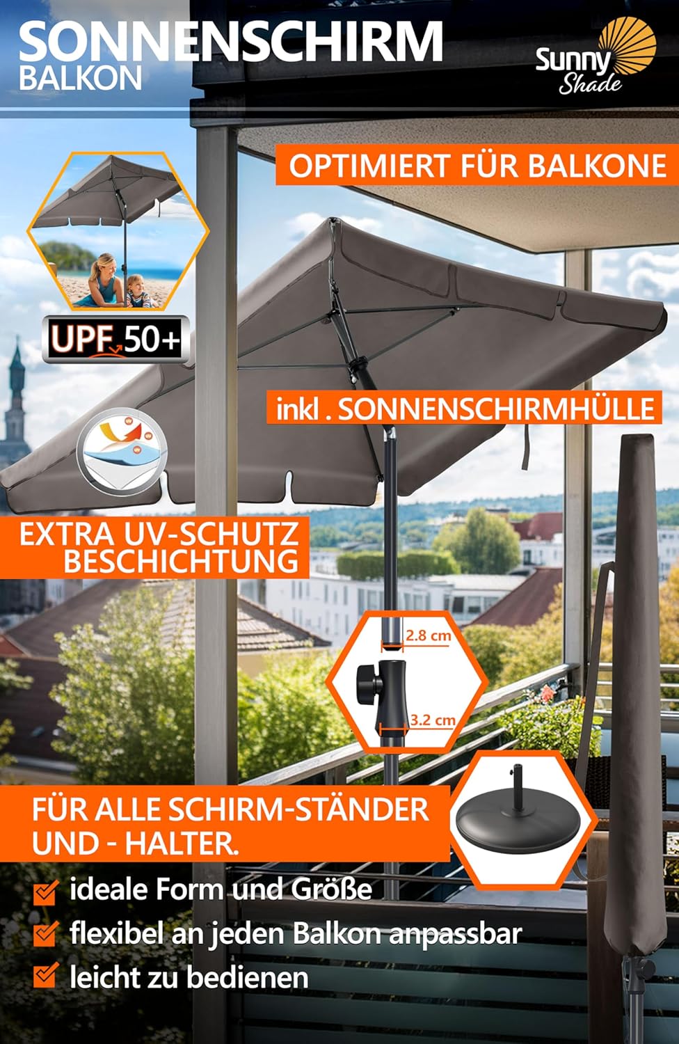 4smile Sonnenschirm Balkon SunnyShade, 200 x 125 cm, Taupe - UPF 50+ Sonnenschirm rechteckig als Son