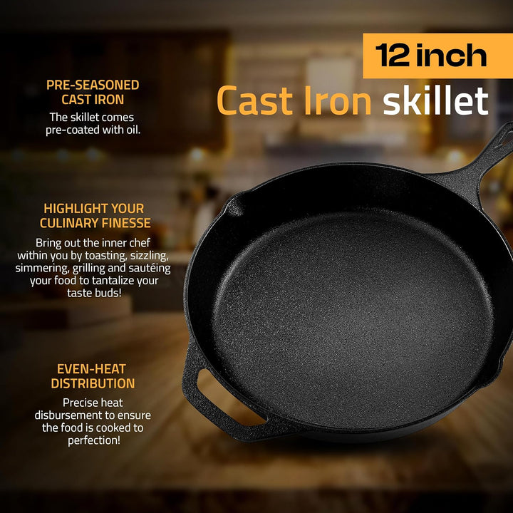 KICHLY Vorgewürzt Gusseisen Skillet 12 Zoll, Safe Grill Kochgeschirr für den Innen- und Aussenbereic