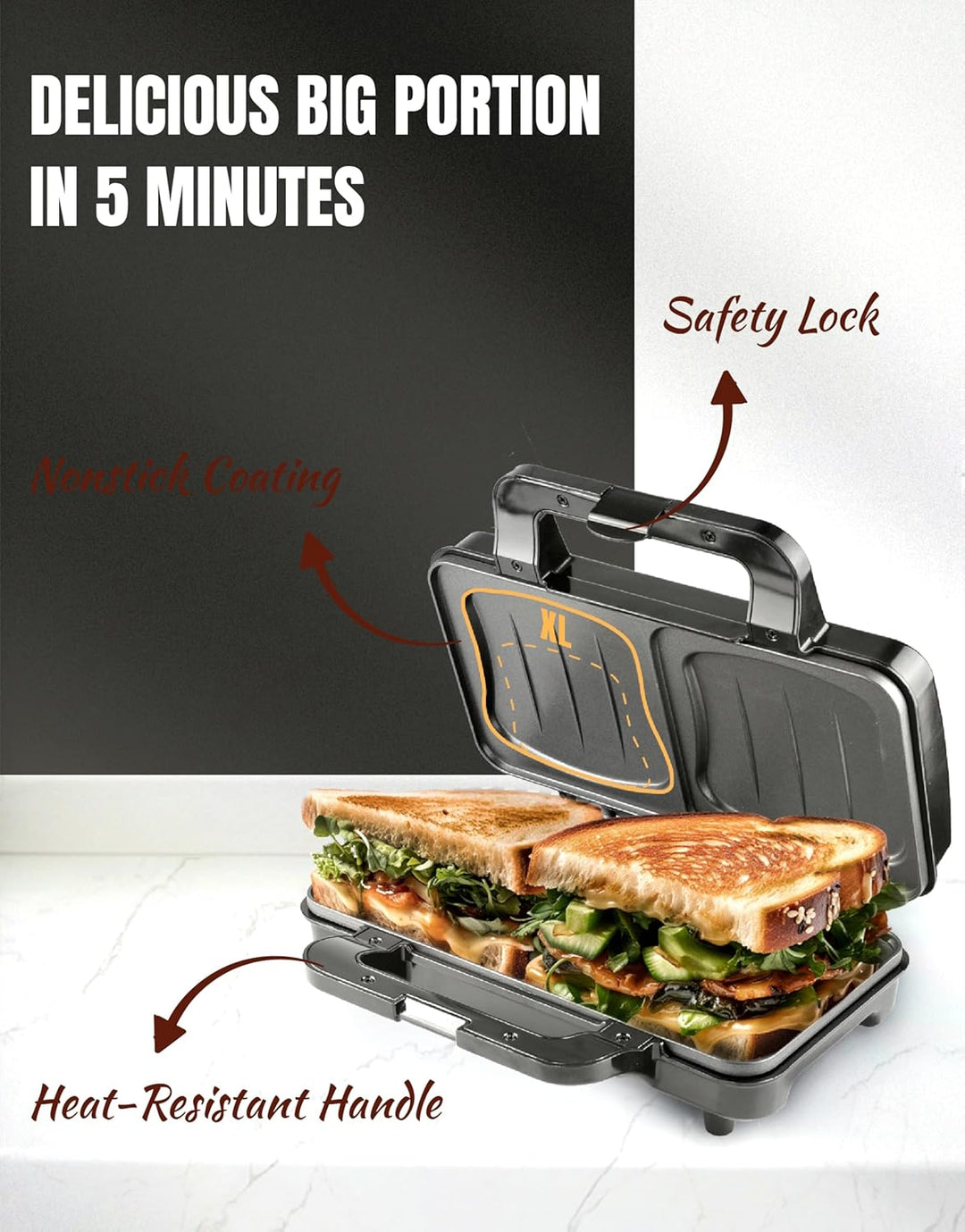 Bestron XL Sandwichmaker, Sandwich-Toaster für 2 Sandwiches in Muschelform, ideal für American Sandw
