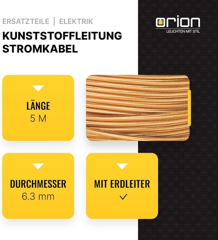 Textilkabel für Lampen, 5 m Gold, 3-adrig, (3x 0,75 mm²) - Kunststoff Stromkabel mit Erdleiter, Text