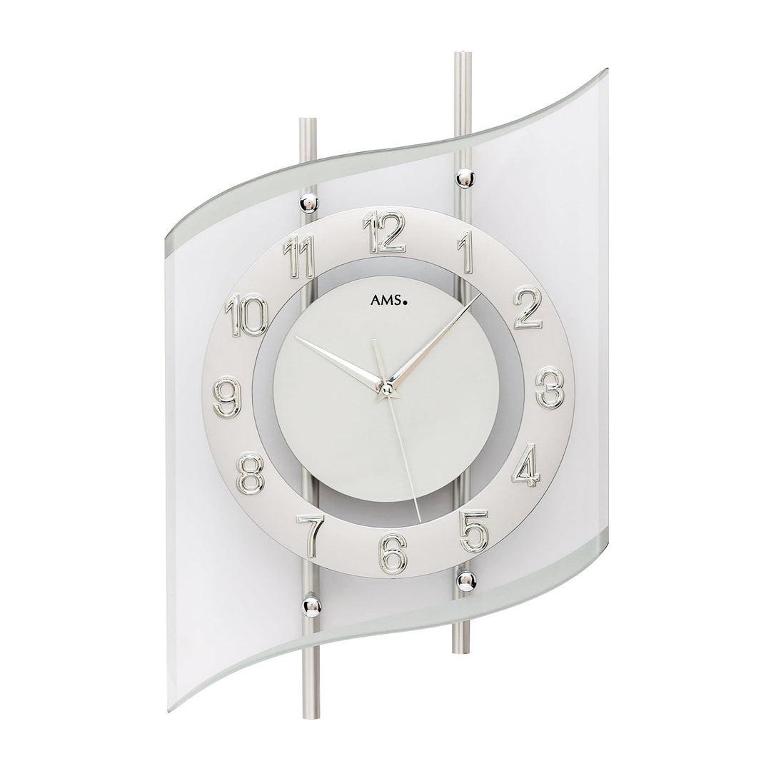AMS. Funk-Wanduhr 5506, modern, Silber, geschwungenes Mineralglas, Metallgehäuse, für Wohnzimmer, Sc
