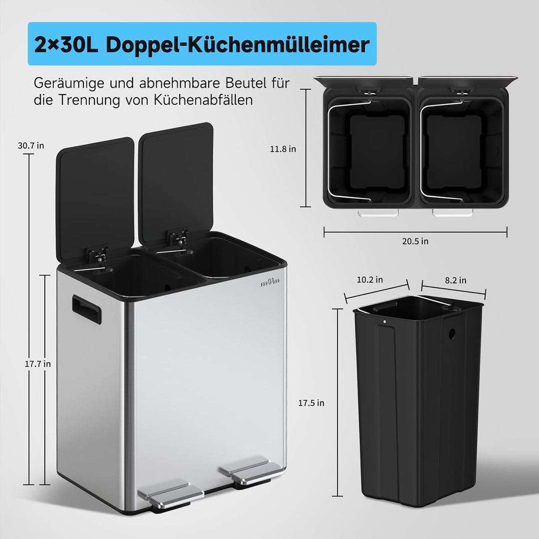 mVm Mülleimer Küche,40 Liter Treteimer,2 x 20 Liter Treteimer, 2 Fächer, Mülltrennsystem, Abfalleime