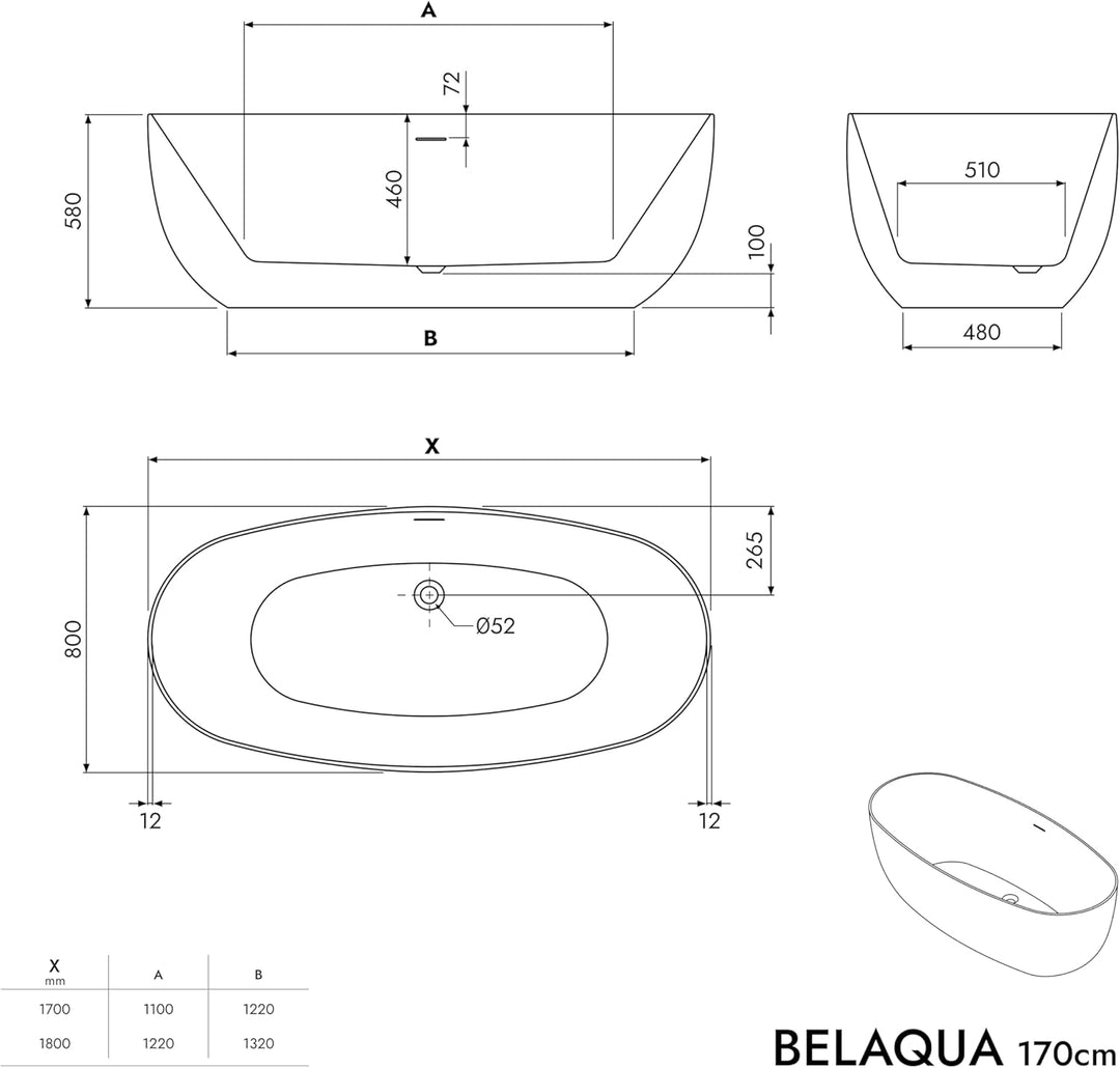 BERNSTEIN Freistehende Badewanne BELAQUA Acryl Weiss glänzend - 170 x 80x 58 cm - 5 Jahre Garantie -
