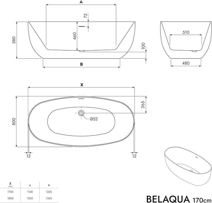 BERNSTEIN Freistehende Badewanne BELAQUA Acryl Weiss glänzend - 170 x 80x 58 cm - 5 Jahre Garantie -