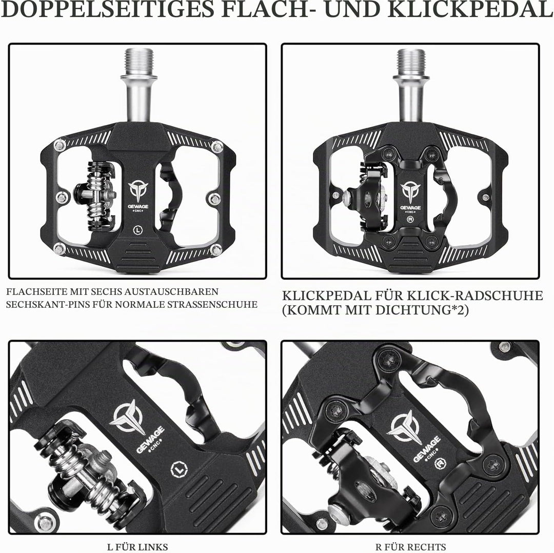 GEWAGE Fahrradpedale für SPD, 3 Abgedichtete Lager, Doppelfunktion, Flach und Klickpedal, leichte Al
