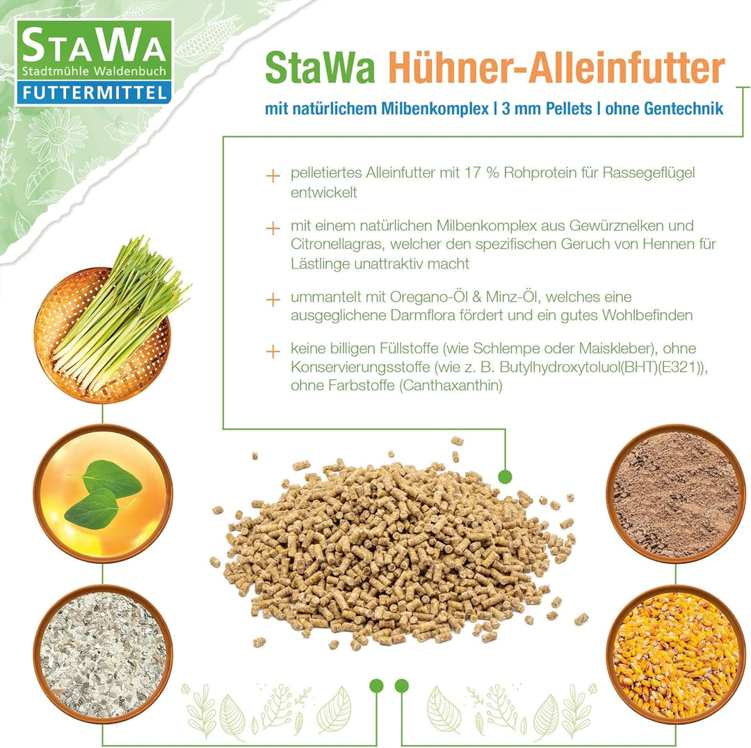 STAWA Hühnerfutter Alleinfutter mit natürlichem Milbenkomplex, 3 mm Pellets, ohne Gentechnik, ohne k