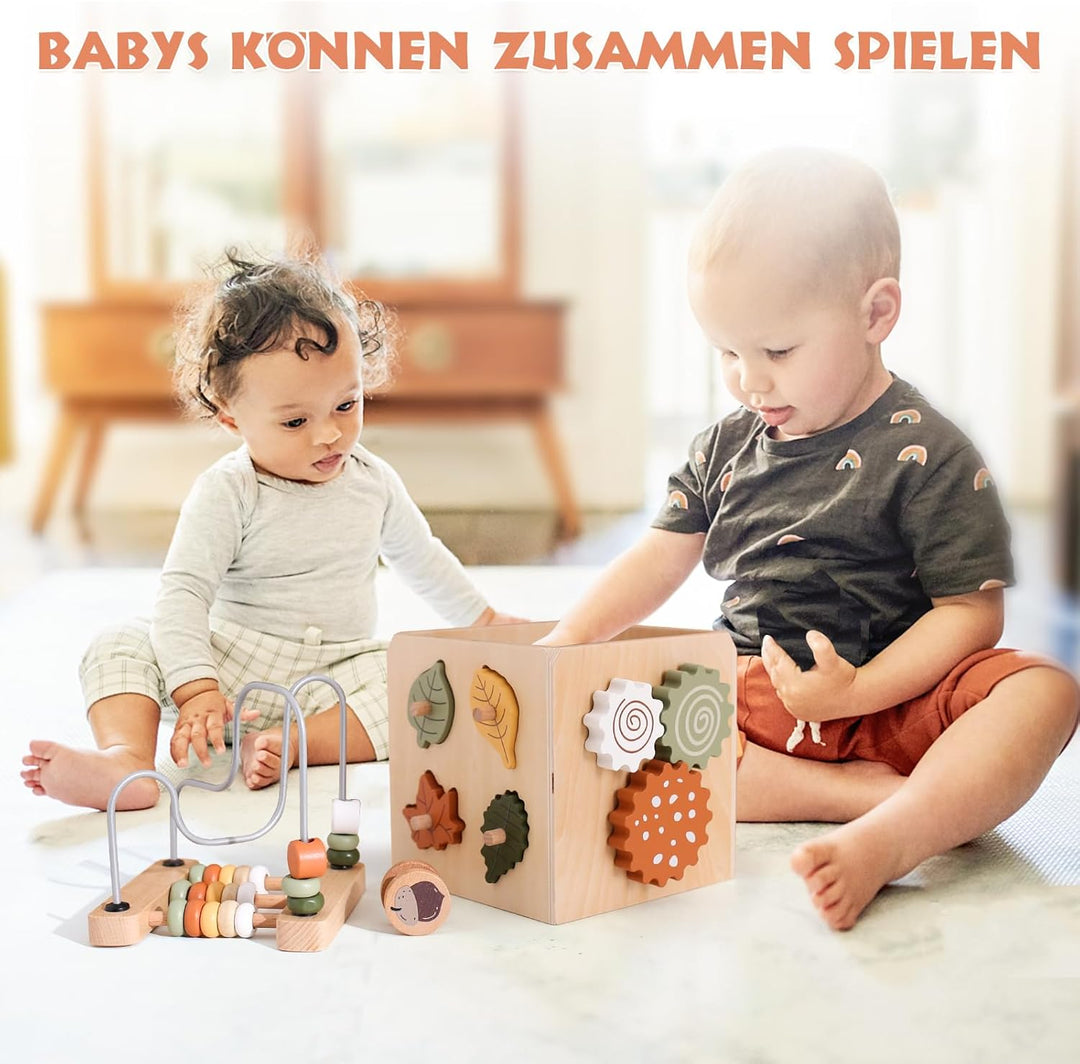 WOODEN TEETHER Montessori Motorikwürfel holzspielzeug Montessori Spielzeug 6 in 1（Naturholzfarbe Akt