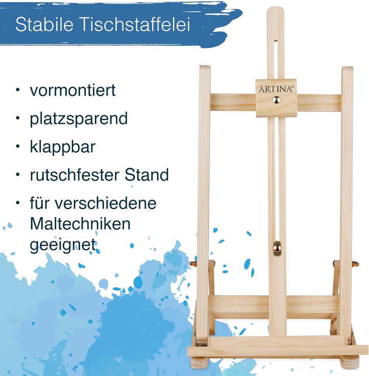 Artina 25tlg. Premium Malset Lisbon mit Tischstaffelei - Künstler Acrylfarben Set mit Keilrahmen Set