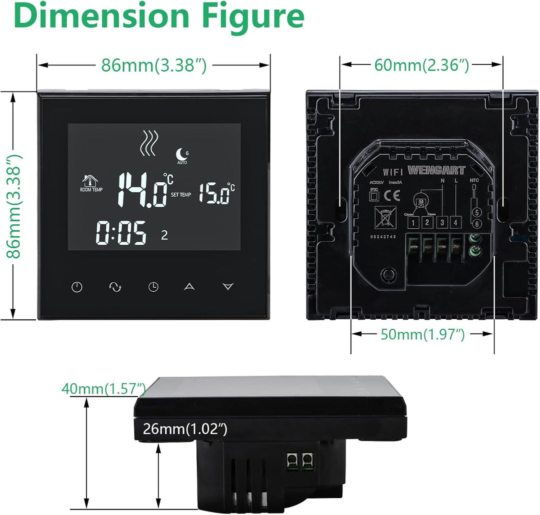 Wengart Home Thermostat programmierbar WG03-4, AC230V Max3A Touchscreen LCD Display Arbeit für Fussb