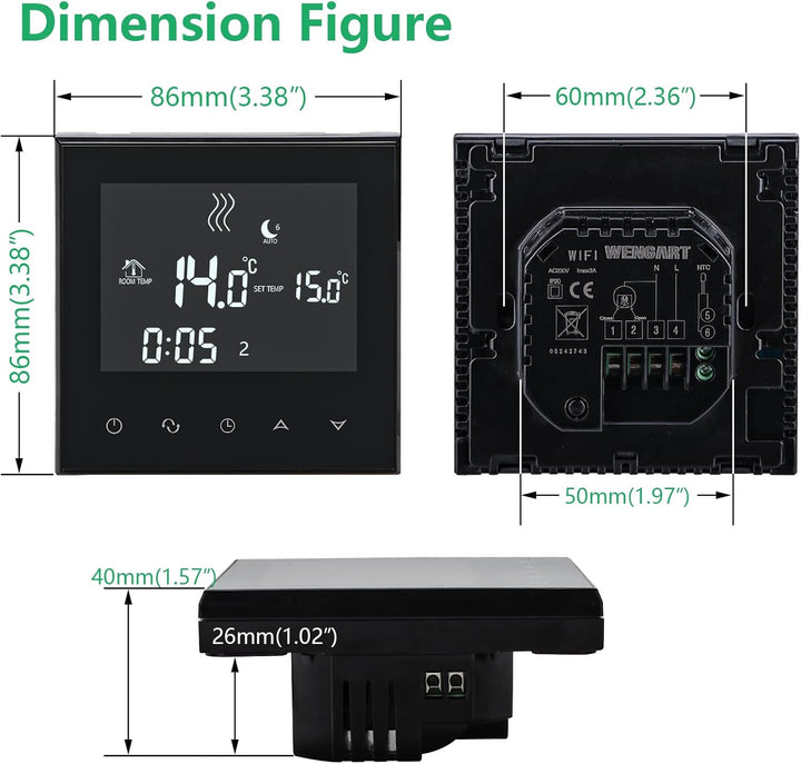 Wengart Home Thermostat programmierbar WG03-4, AC230V Max3A Touchscreen LCD Display Arbeit für Fussb