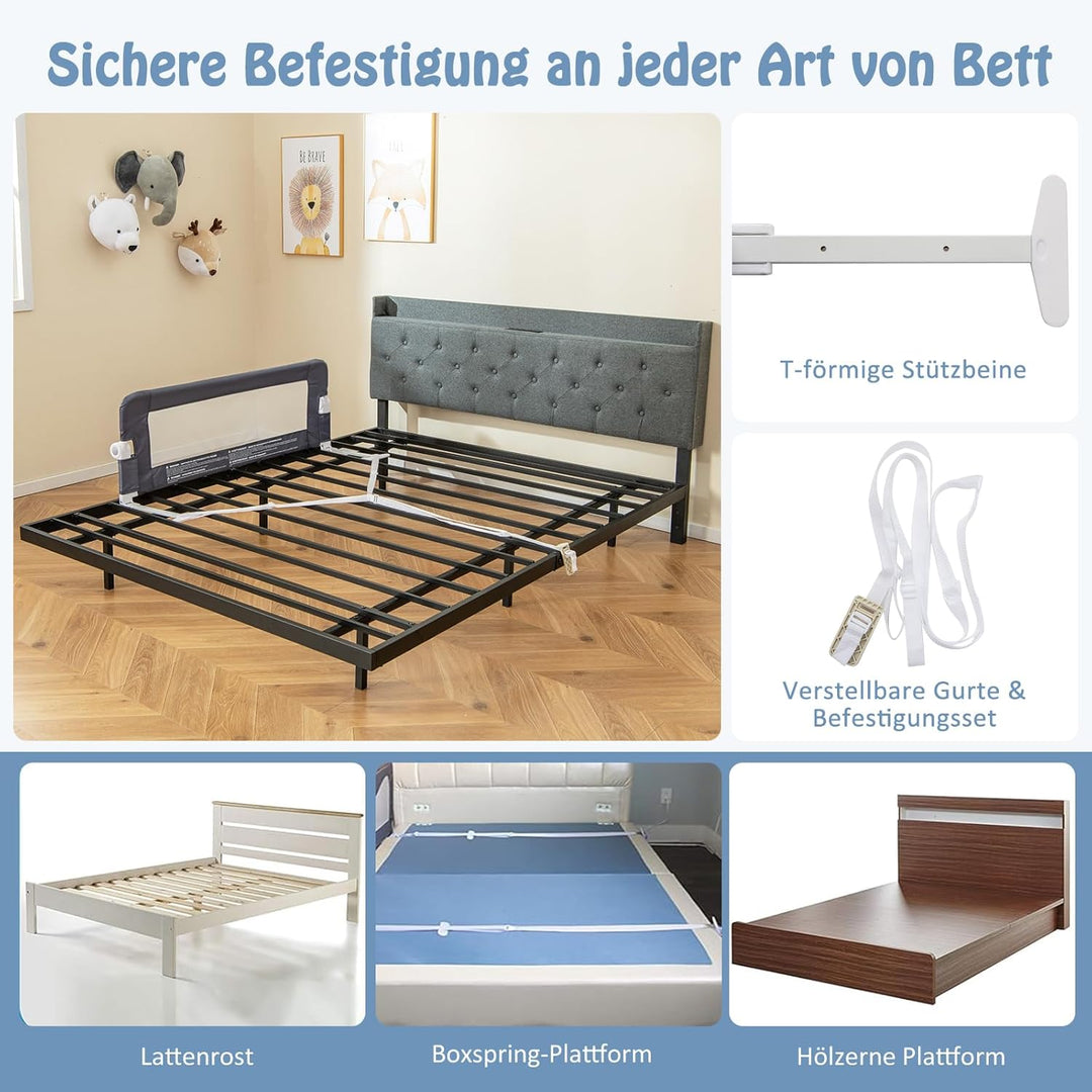 DREAMADE Bettgitter 150/120/105 cm, Kinderbettgitter Schutz, Kinderschutzgitter aus PP & Oxford, Bab