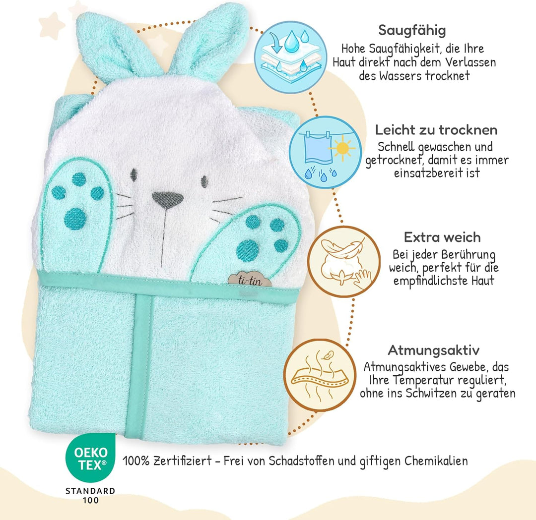 Ti TIN Kinder‑Bademantel mit Kapuze und Hasenohren – 100% Baumwolle, weich & saugfähi, Grösse 6–12 M