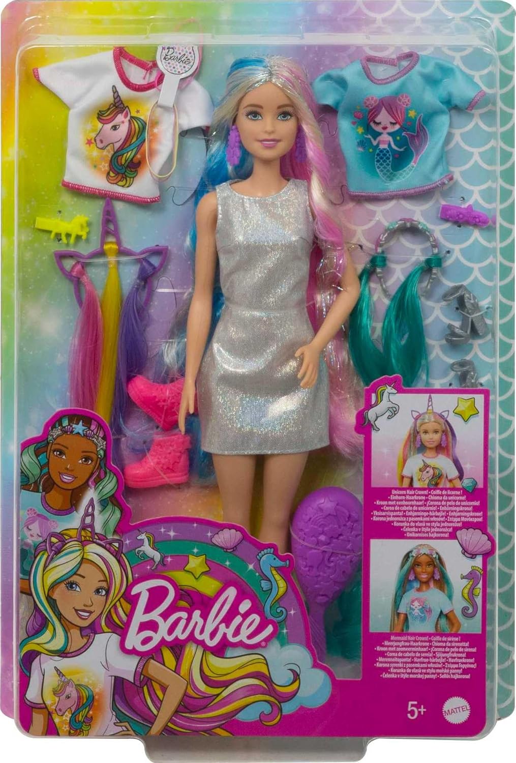Barbie-Puppe, Einhorn-Barbie-Puppe mit Meerjungfrauenhaar und Einhorn-Haarkrönchen, Barbie-Accessoir
