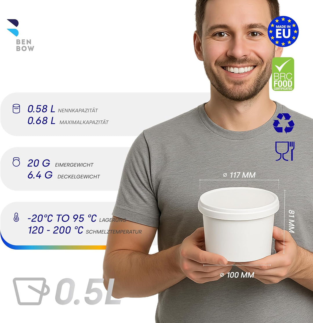 BenBow Eimer mit Deckel 0,5l Weiss 1000x 0,5 Liter - lebensmittelecht, stabil, luftdicht, auslaufsic