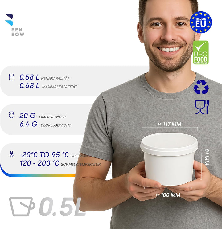 BenBow Eimer mit Deckel 0,5l Weiss 1000x 0,5 Liter - lebensmittelecht, stabil, luftdicht, auslaufsic
