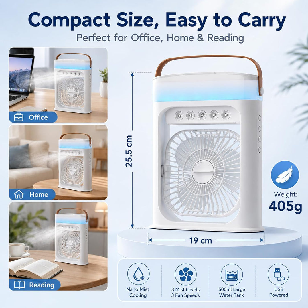 Mobile Klimaanlage, Mini Luftkühler mit 500ml Wassetank, Mini Ventilator USB 4 in 1, Mobile Klimager