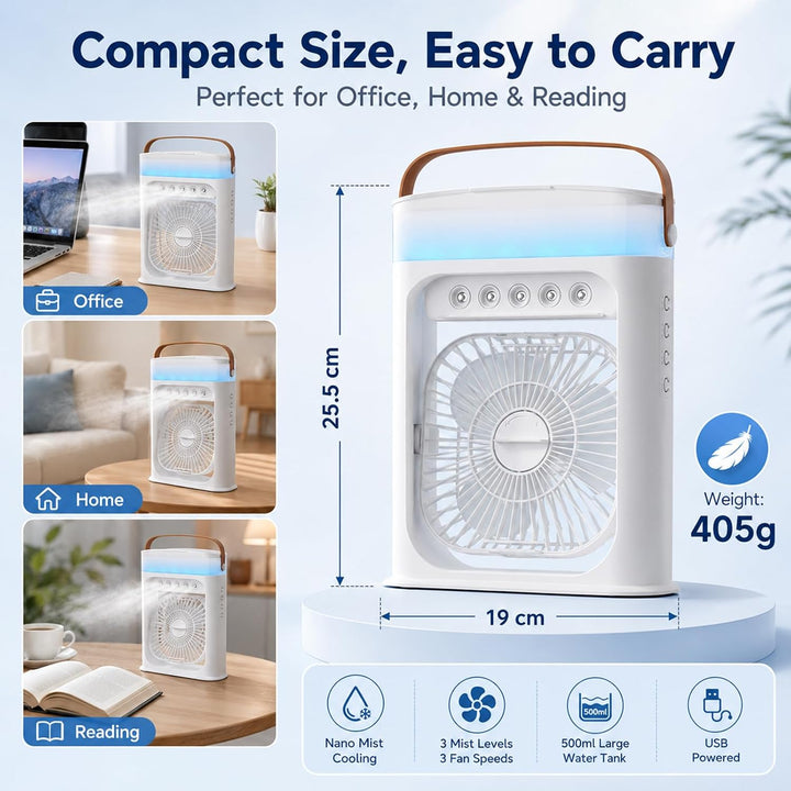 Mobile Klimaanlage, Mini Luftkühler mit 500ml Wassetank, Mini Ventilator USB 4 in 1, Mobile Klimager