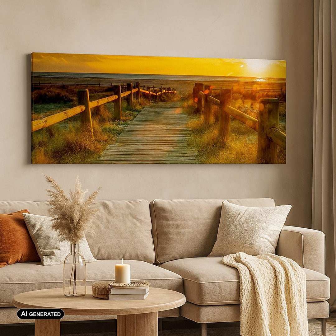 Wandbilder Dekoration Wohnzimmer Fussgängerbrücke Strand Urlaub Sonne Bilder auf Leinwand 120x50cm L