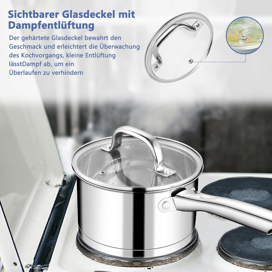 TEAMFAR Stielkasserolle, Edelstahl Milchtopf Kasserolle Induktion mit 3-Lagen Boden für alle Herdart