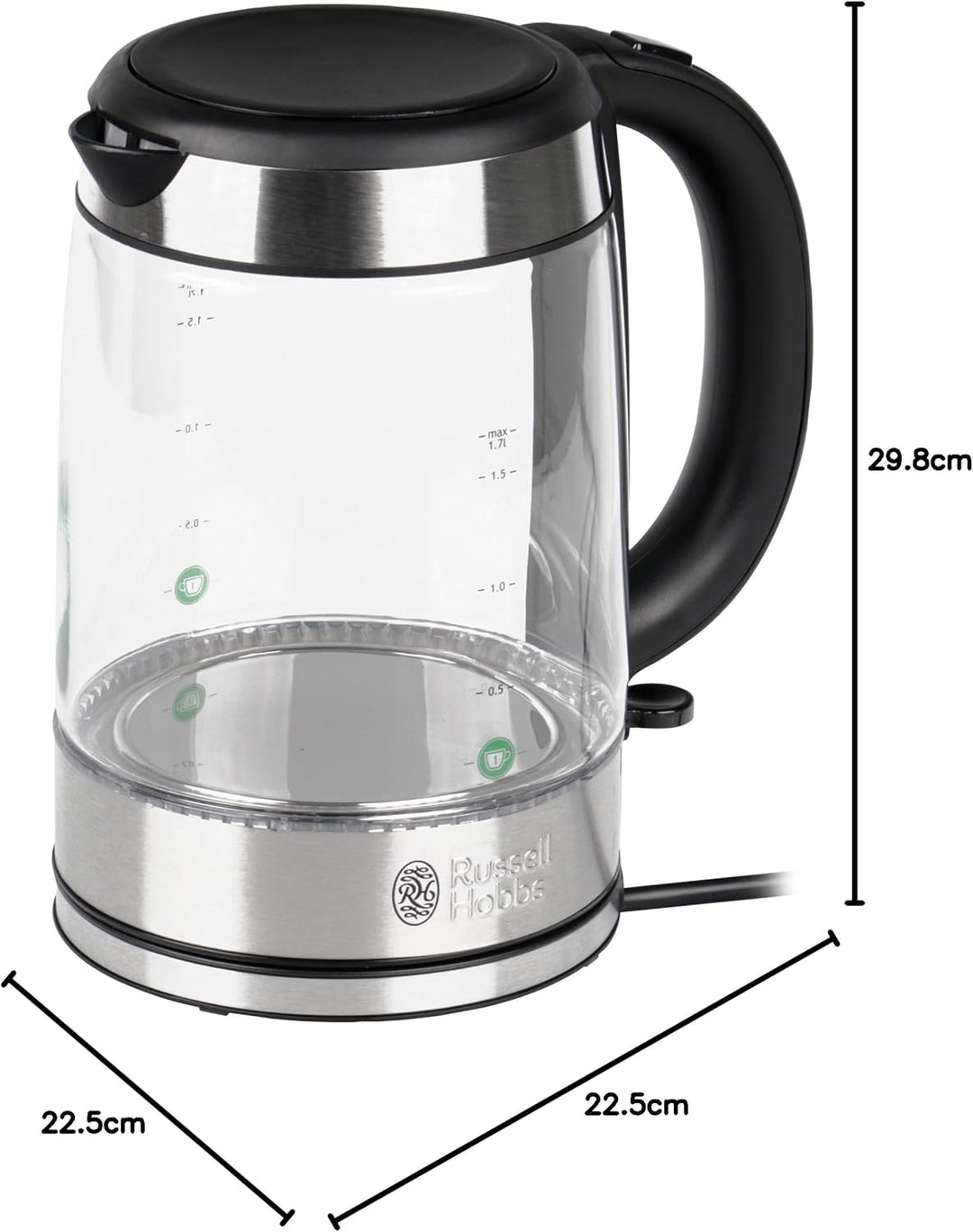 Russell Hobbs Wasserkocher Glas [1,7l, 2200W] Edelstahl (blaue LED Beleuchtung, 1-Tassen-Option, her