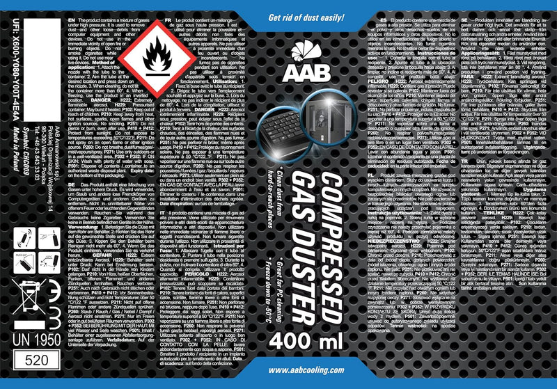 AAB Reinigungsspray 9 x 400ml, Druckluftreiniger, Druckluft aus der Dose, Für Tastatur, PC, Keyboard