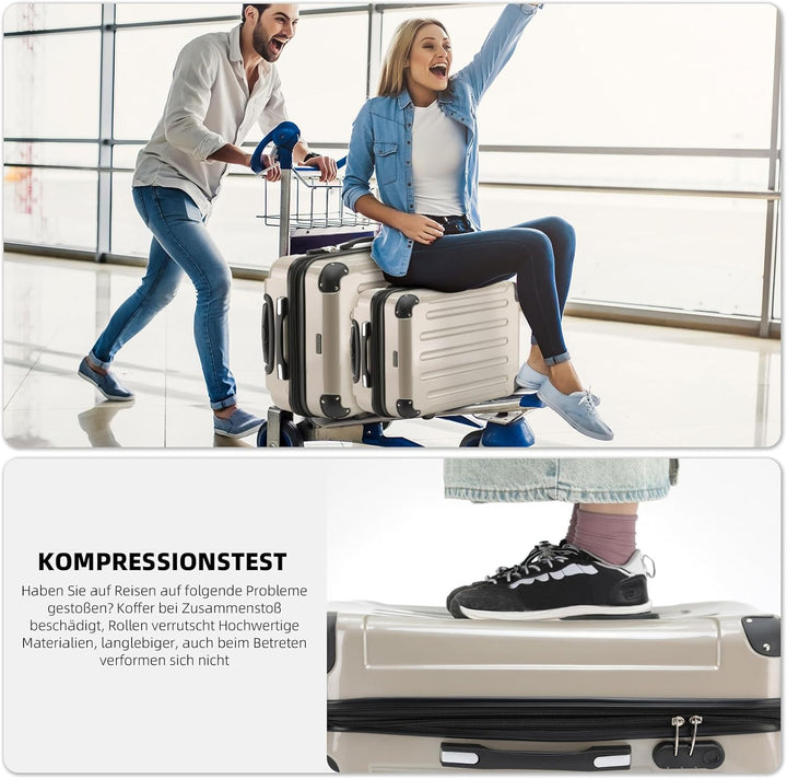 BEIBYE Hartschalen Koffer Trolley Rollkoffer Reisekoffer 4 Zwillingsrollen Polycabonat (Champagner,