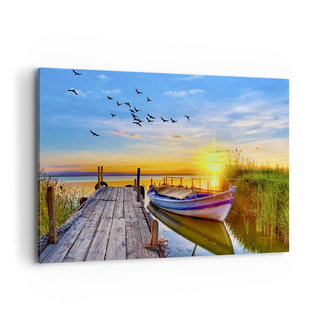 Bilder auf Leinwand 100x70cm Leinwandbild mit Rahmen See Boot Wasser Gross Wanddeko Bild Schlafzimme