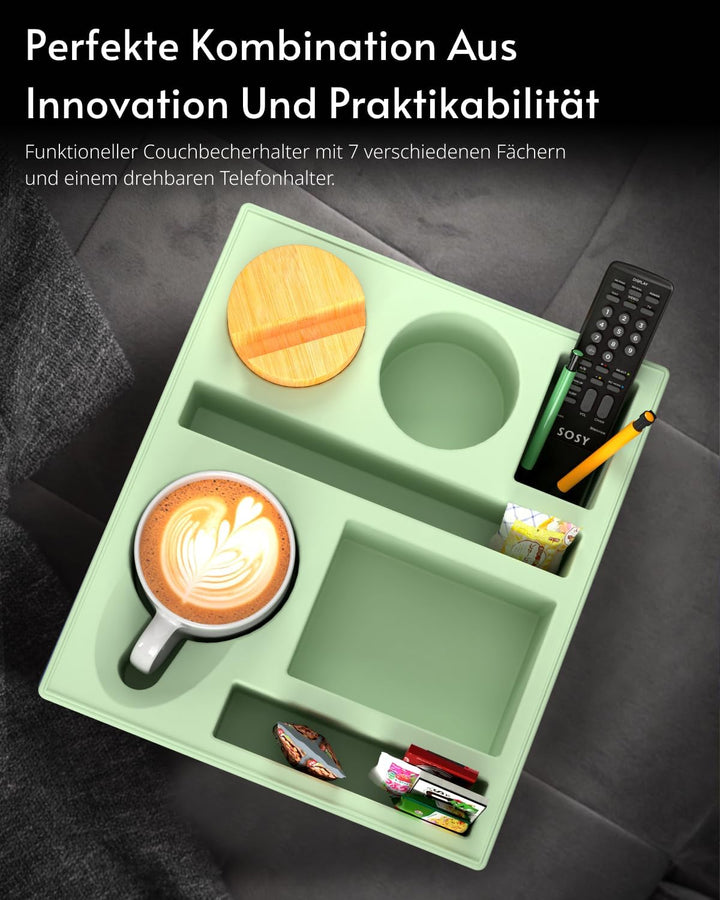 Couchbar Snackbox Silikon sofatablett mit 360 Grad Drehbar Handyhalter beistelltisch mit Holz Sofata