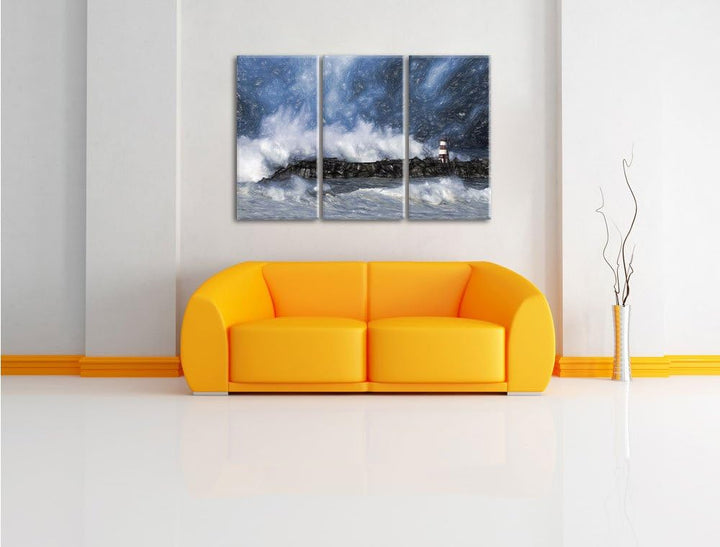 Pixxprint Tobendes Meer mit Leuchtturm als Leinwandbild/Grösse: 3 Teilig (120x80) cm/Wandbild/Kunstd