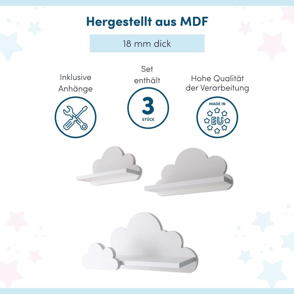 Wandregal Kinderzimmer Wolke Weiss (3er Set) – Modell Laguna Prestige – Solides 18mm MDF Bücherregal