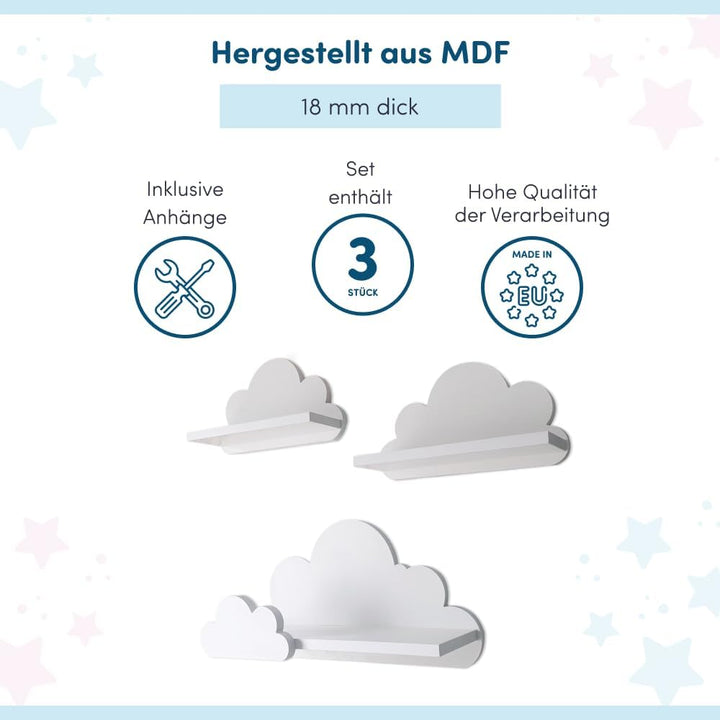 Wandregal Kinderzimmer Wolke Weiss (3er Set) – Modell Laguna Prestige – Solides 18mm MDF Bücherregal