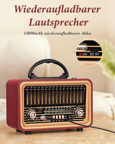 PRUNUS J-170 Bluetooth Radio Retro AM/FM/SW, Nostalgie Radio Klein mit 1800mAh Akku, Kofferradio Küc