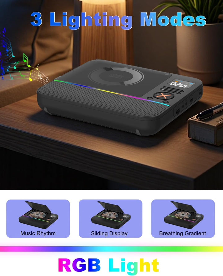 Tragbarer CD Player Bluetooth, Boombox Desktop CD-Player mit Bluetooth FM-Radio und RGB LED-Anzeige