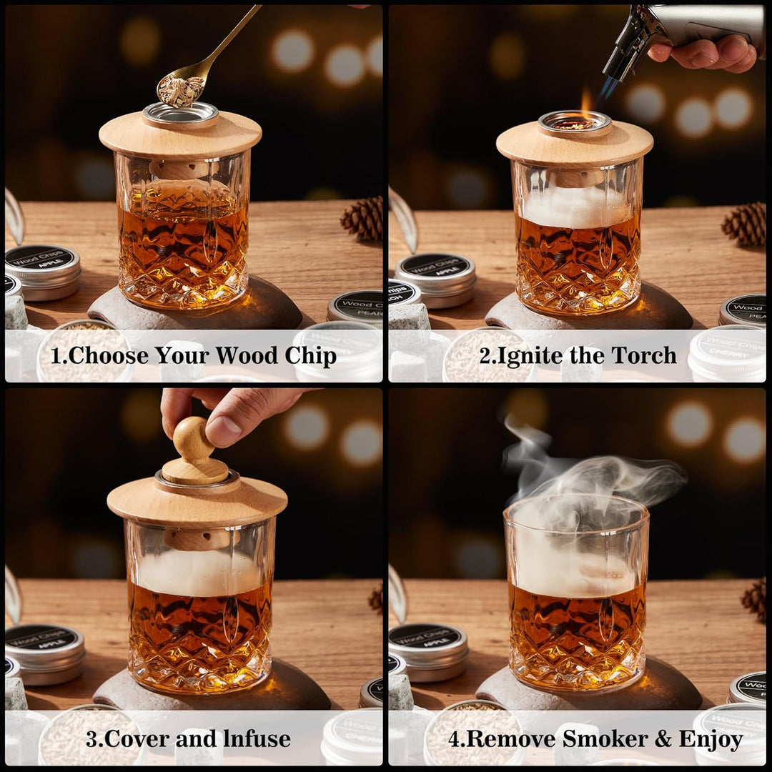 Cocktail Räucherset mit Fackel - Whiskey Smoker Kit mit 6 Holzspäne & 6 Granit Whiskey Steine - Old
