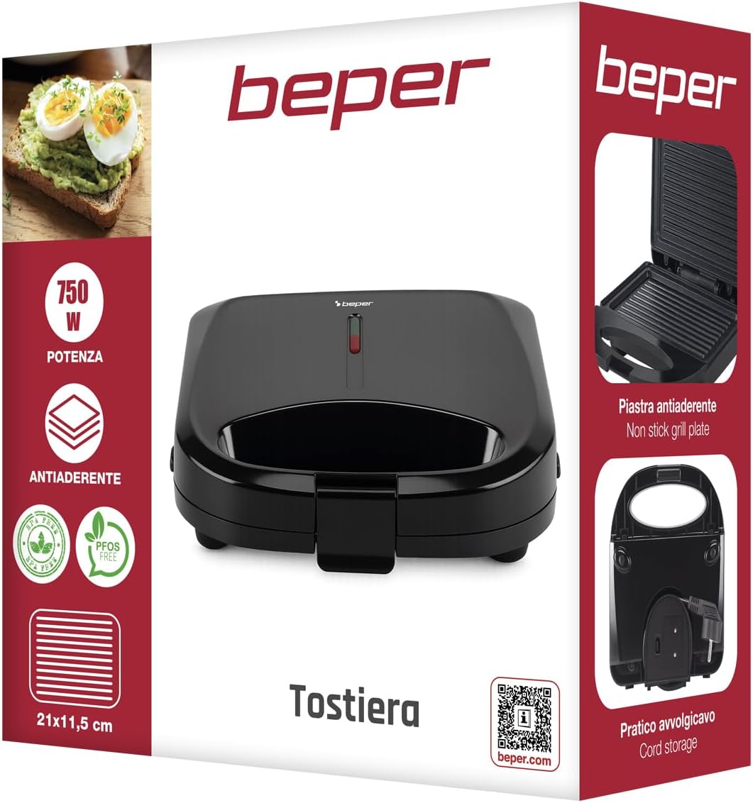BEPER P101TOS011 750-W-Elektrotoaster mit Antihaftbeschichtung 21 x 11,5 cm, Toast- und Sandwichplat