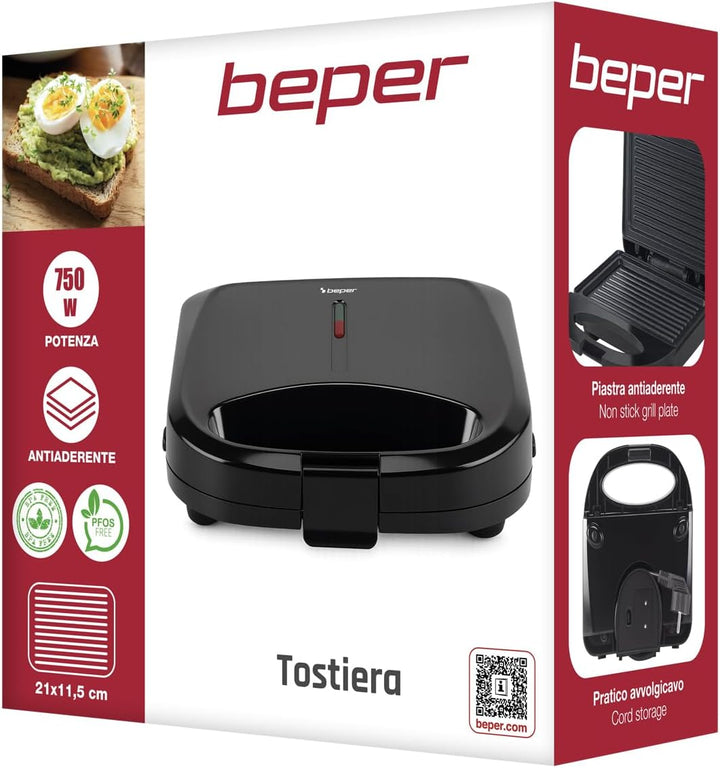 BEPER P101TOS011 750-W-Elektrotoaster mit Antihaftbeschichtung 21 x 11,5 cm, Toast- und Sandwichplat