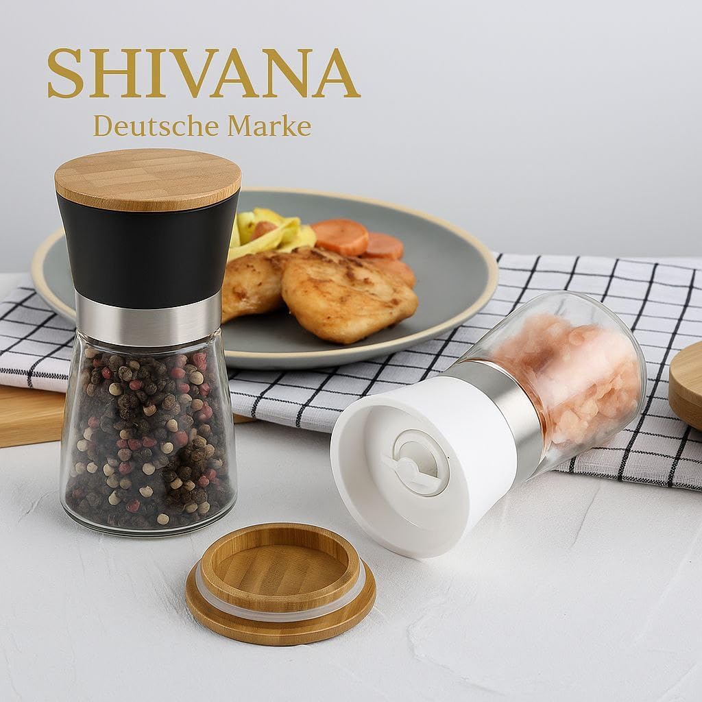 SHIVANA Salz und Pfeffermühle Set aus Glas & Bambus – 2er Gewürzmühlen Set mit Keramikmahlwerk – Man