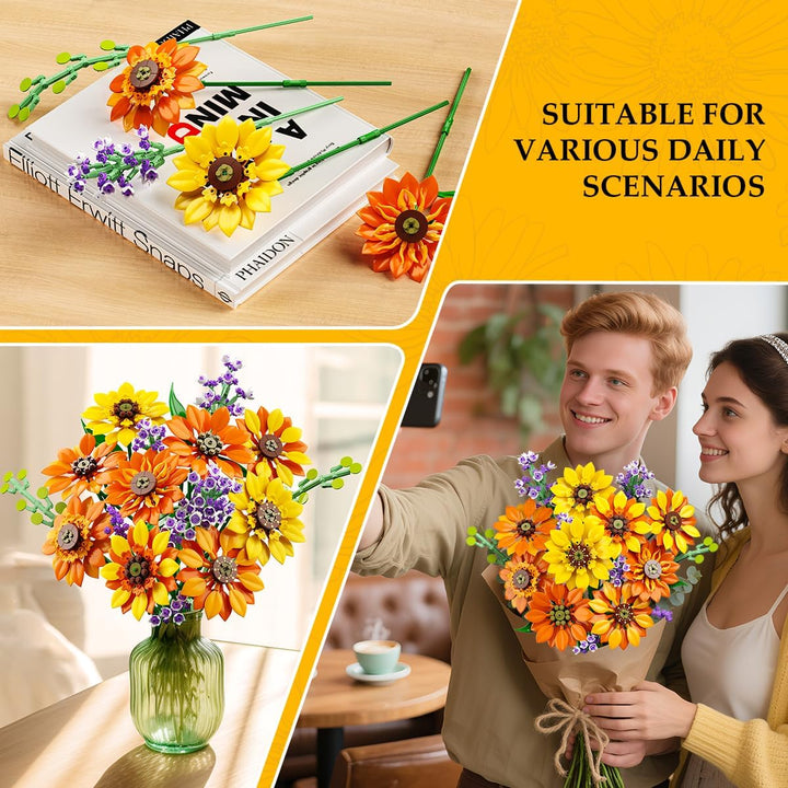 CUBIMANA Blumen-Sonnenblumenstrauss-Bausatz mit Lichtern – 17 Blumen botanische Sammlung künstliche