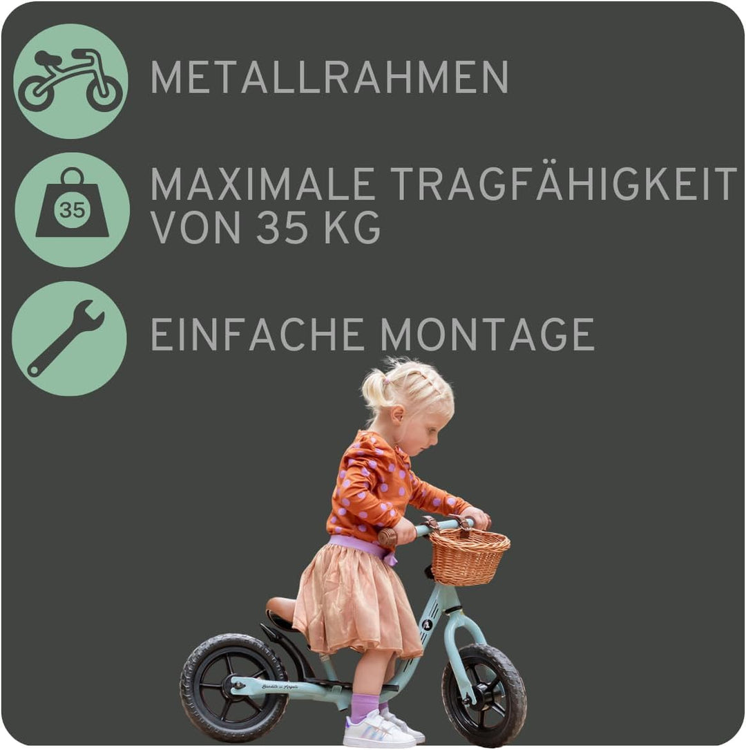Bandits &amp; Angels Laufrad aus Metall mit Weidenkorb ab 2 Jahren – Lauflernrad – Verstellbarer Sattel