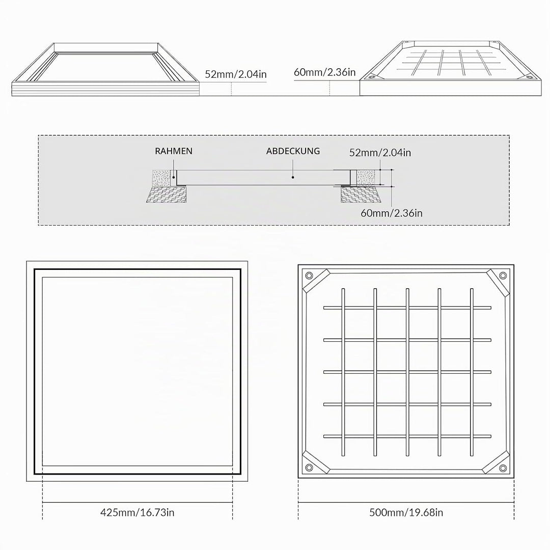 LIROPAU Schachtabdeckung 500x500mm Aluminium Versenkte Schachtdeckel | Eingebettete Schachtabdeckung