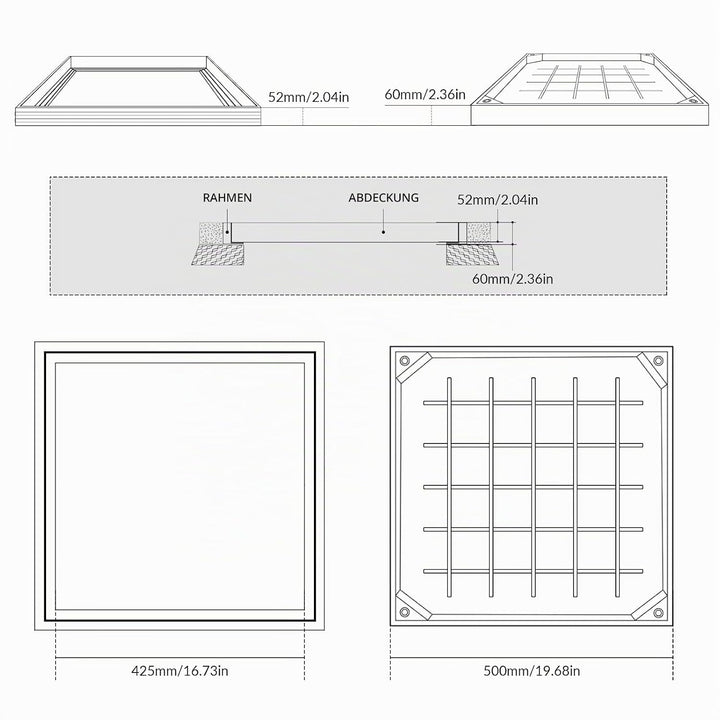 LIROPAU Schachtabdeckung 500x500mm Aluminium Versenkte Schachtdeckel | Eingebettete Schachtabdeckung