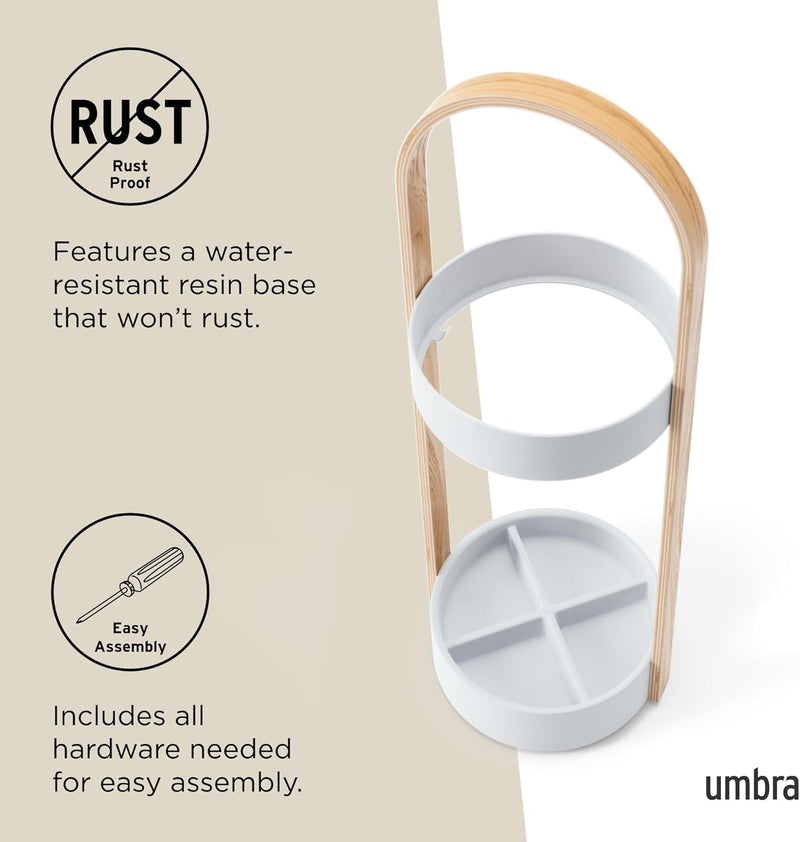 Umbra Bellwood Schirmständer, Runder Regenschirmständer mit Rostfreier Abtropfschale, Weiss/Natur Gr