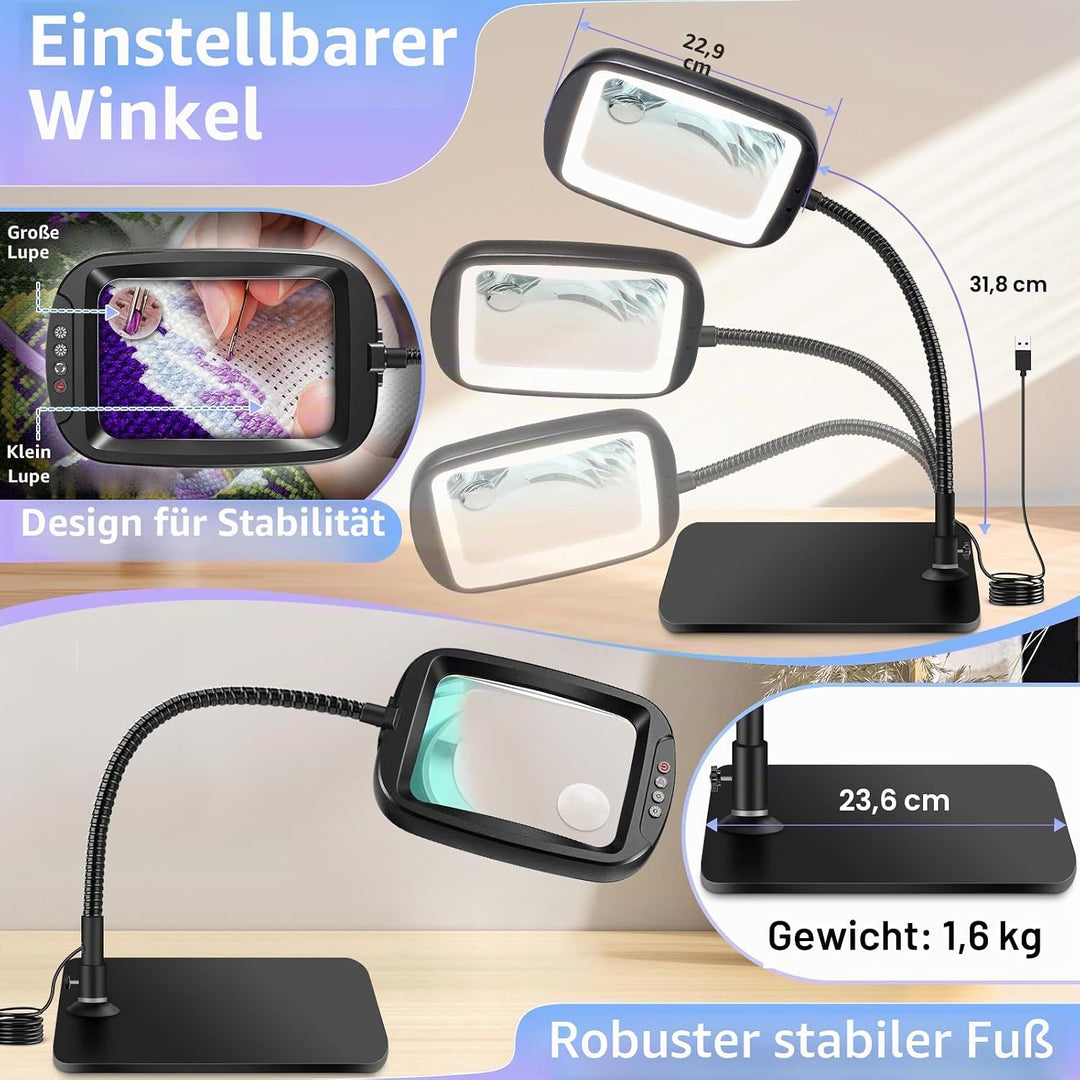 NZQXJXZ Lupe mit Licht und Ständer, 10X Lupenleuchte mit 60 LEDs, 5 Einstellbare Farben und 4 Hellig