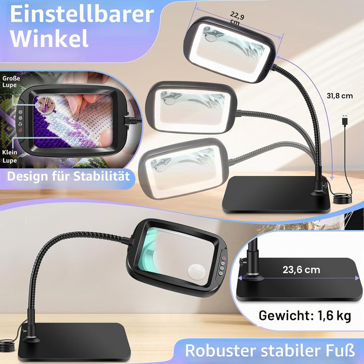 NZQXJXZ Lupe mit Licht und Ständer, 10X Lupenleuchte mit 60 LEDs, 5 Einstellbare Farben und 4 Hellig