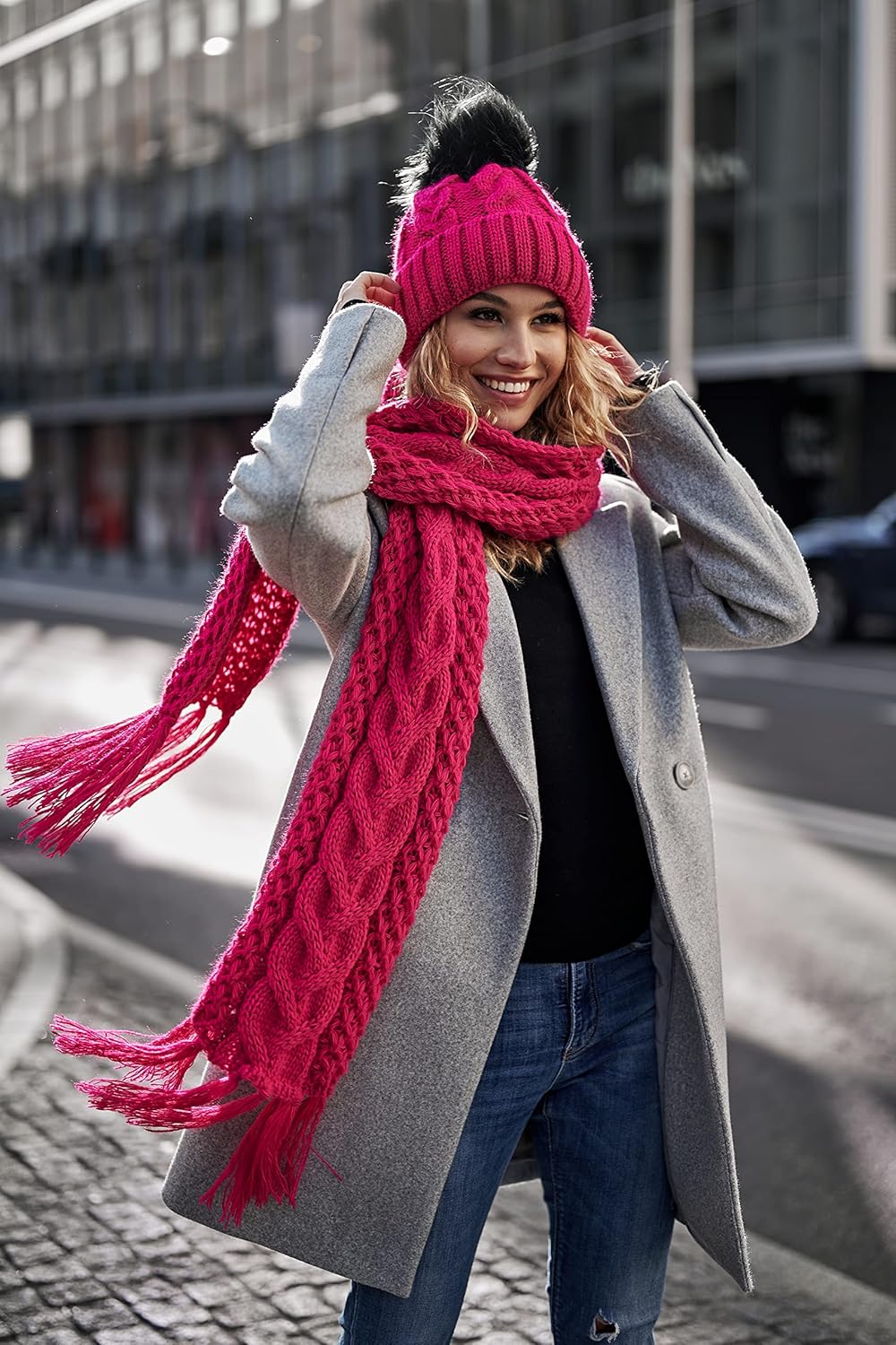 ELIMELI® Winter Mütze Damenmütze mit Fell-Bommel Fleece Innenfutter gefüttert - warme Damen Bommelmü