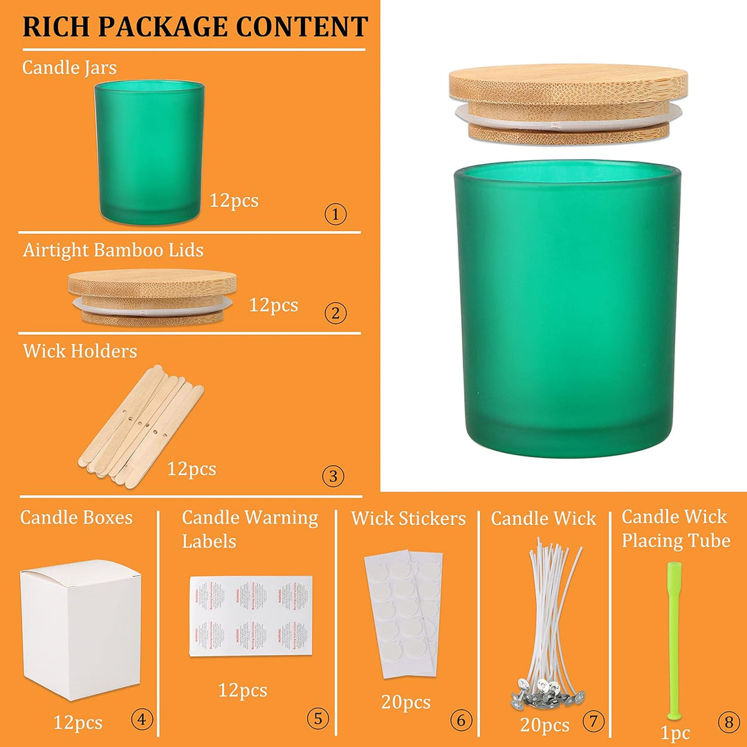 MILIVIXAY 12 Stück 340 ml mattgrüne Glas-Kerzengläser mit Deckel und Kerzenherstellungs-Sets – leere